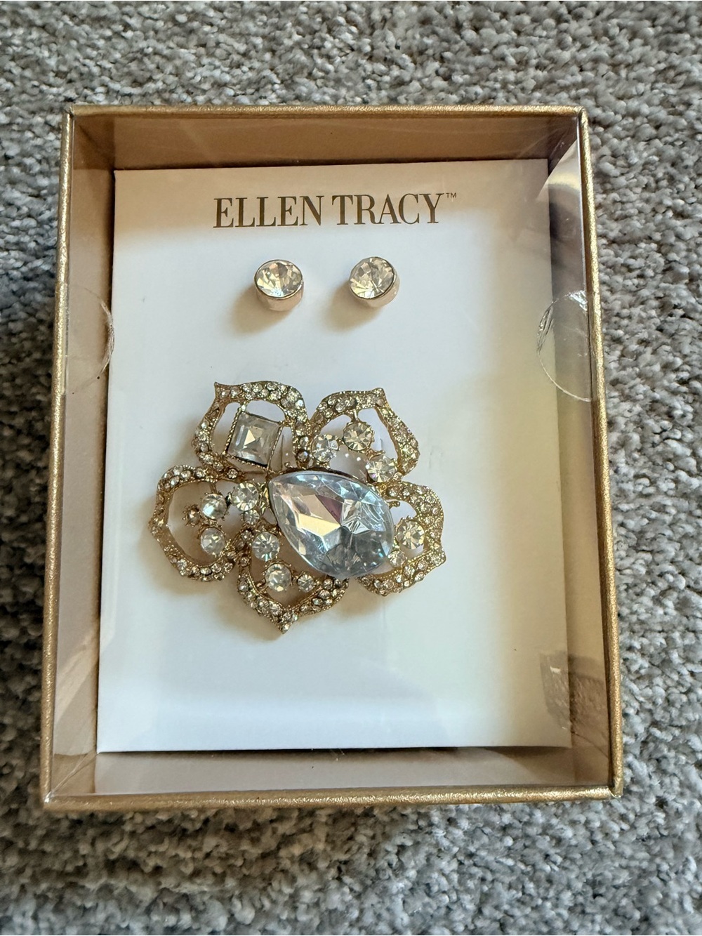 Ellen Tracy Gold-Tone Clear Crystal Floral Brooch with Clear Studs